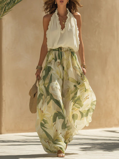 Vacation Chiffon Ruffled Sleeveless Top And Lily Print Pants Set