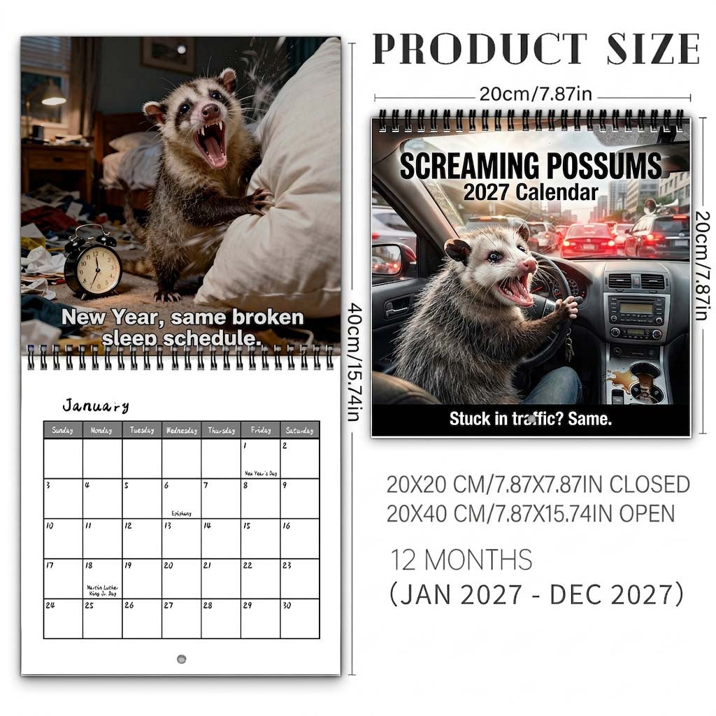 Screaming Possums 2027 Wall Calendar – 12-Month Funny Relatable Calendar, Chaotic Life Humor Hanging Planner for Office, Home & Gag Gift