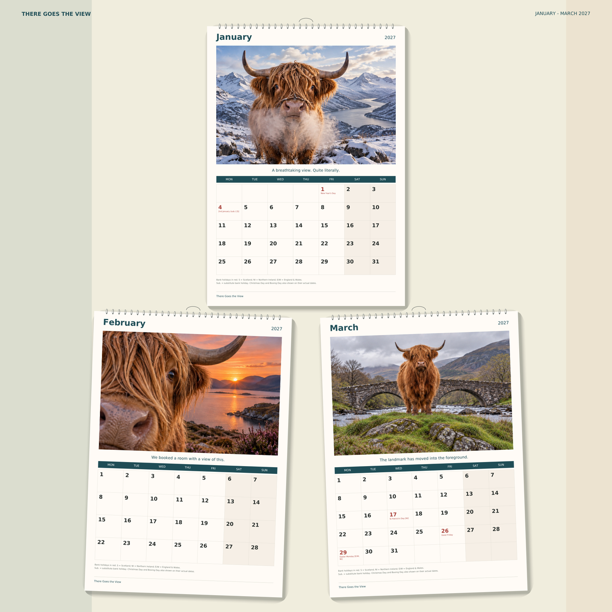 🔥There Goes the View 2027 A4 Wall Calendar - Funny Highland Cows