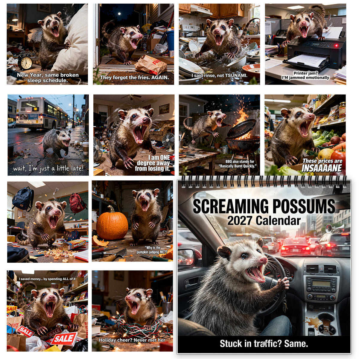 Screaming Possums 2027 Wall Calendar – 12-Month Funny Relatable Calendar, Chaotic Life Humor Hanging Planner for Office, Home & Gag Gift