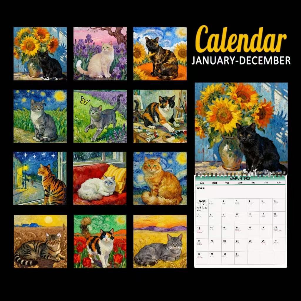 2027 Cats In Masterpiece Wall Calendar｜12‑Month Impressionist Art Cat Calendar, Van‑Gogh‑Inspired Painting Style Hanging Calendar for Art & Cat Lovers
