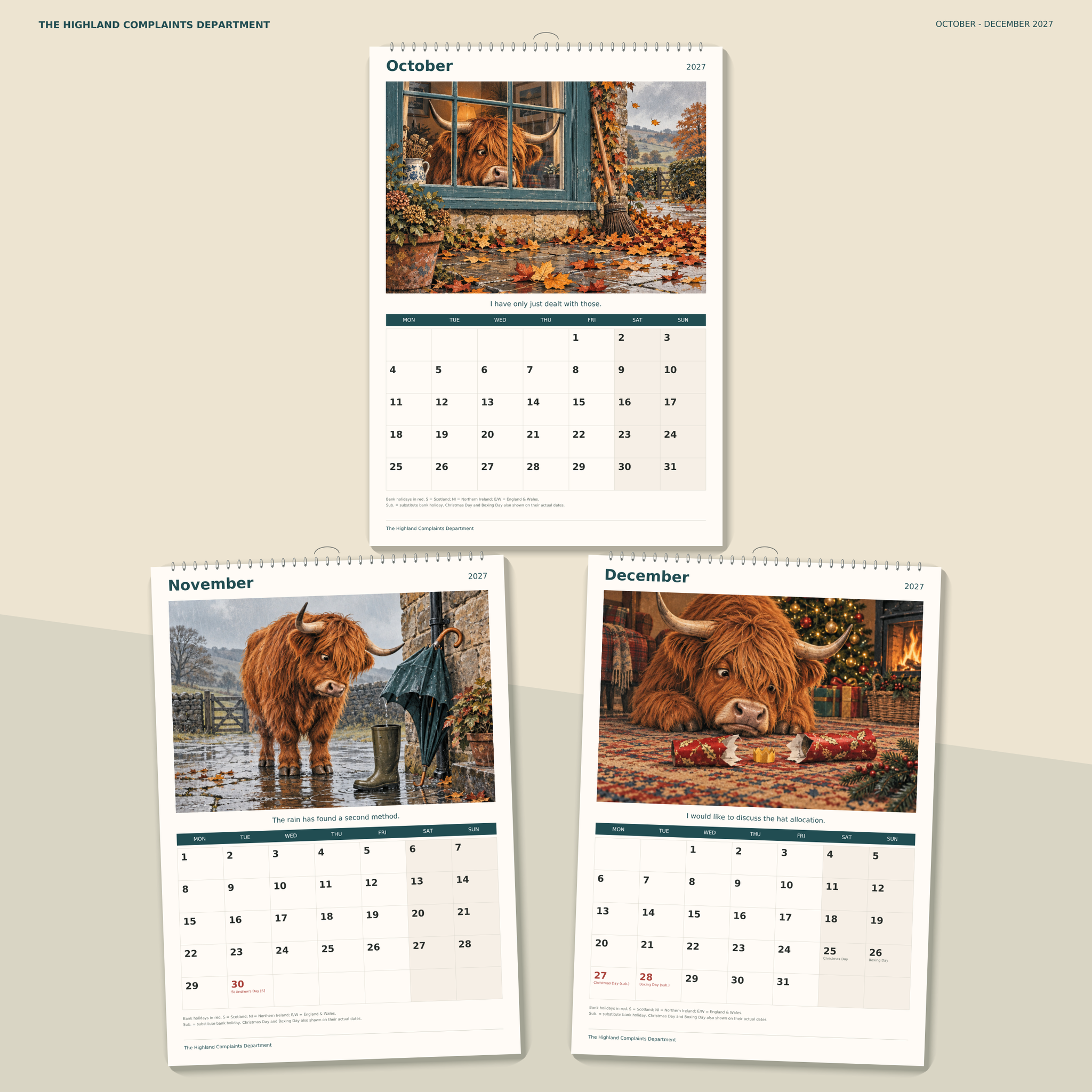 🔥The Highland Complaints Department 2027 A4 Wall Calendar - Funny Highland Cows