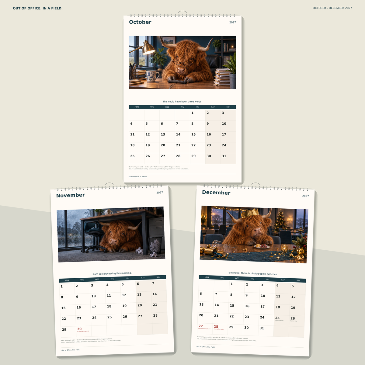 🔥Out of Office. In a Field. 2027 A4 Wall Calendar - Funny Highland Cows