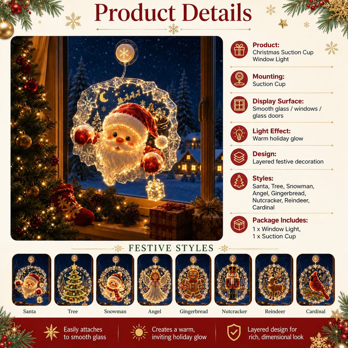 ✨⏳ Last Day 49% OFF – 🎄Lighted Christmas Window Decoration with Suction Cup | Warm LED Window Light with Double-Layer Design & Multiple Festive Styles ✨