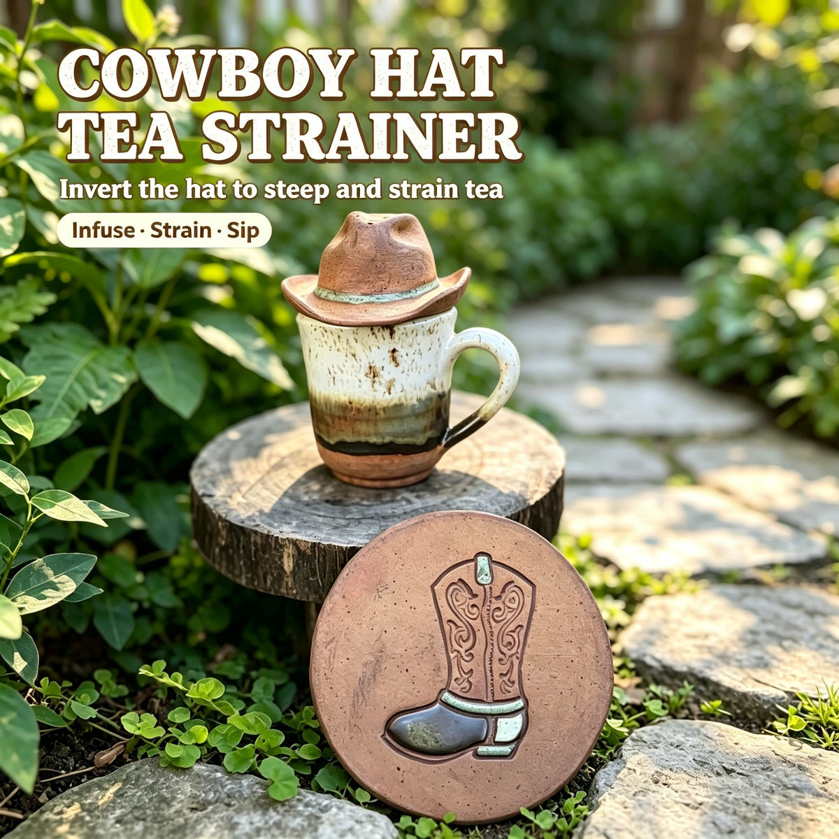 🤠 Cowboy Hat Ceramic Tea Mug Set | Western Handmade Cup with Hat Tea Strainer & Cowboy Boot Coaster, Rustic Farmhouse Gift
