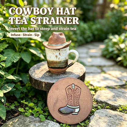 🤠 Cowboy Hat Ceramic Tea Mug Set | Western Handmade Cup with Hat Tea Strainer & Cowboy Boot Coaster, Rustic Farmhouse Gift