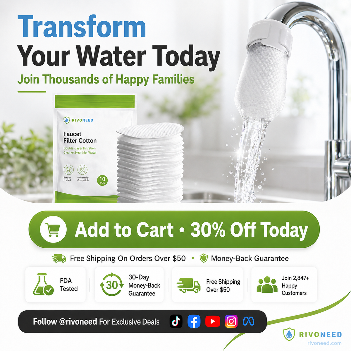 ⏰56%OFF⚡50K+ SOLD!💥Anti-Splash Kitchen Faucet Cotton Filter for Sediment & Rust Removal