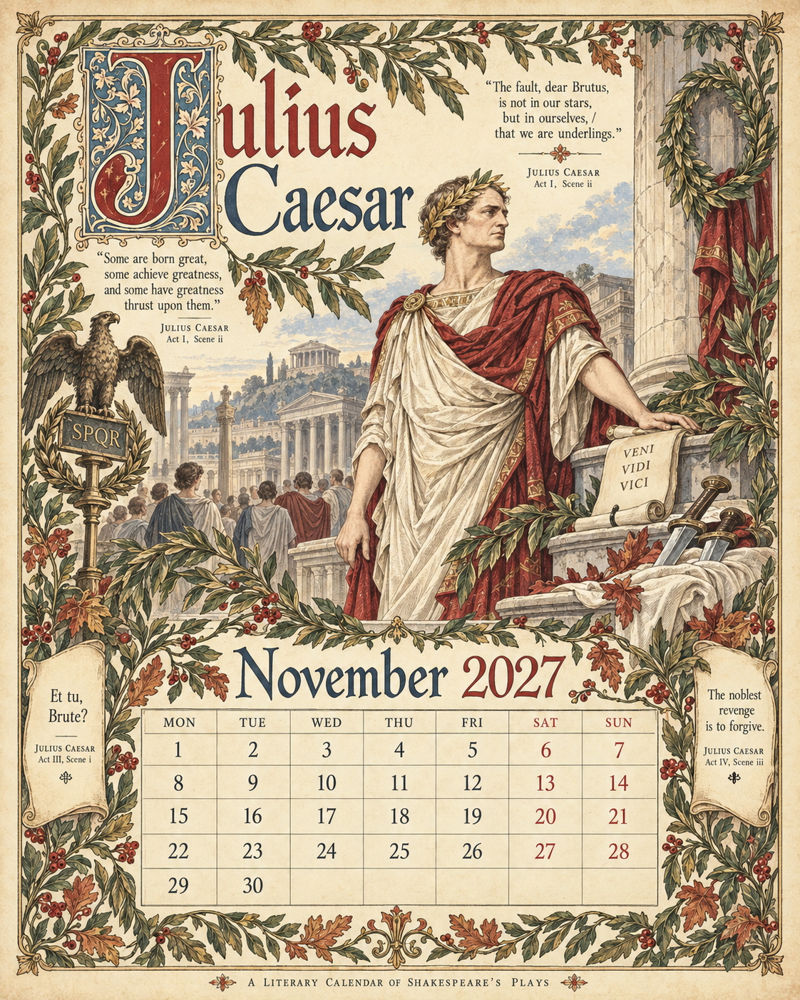 A Shakespearean Year 2027 – 12 Plays Through the Seasons | Vintage Illustrated Wall Calendar