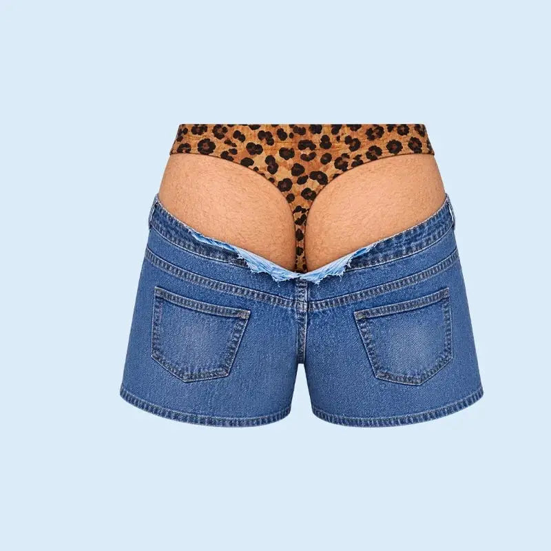 Funny Leopard‐Print Fake Denim Swim Shorts | Novelty Illusion Beach Trunks