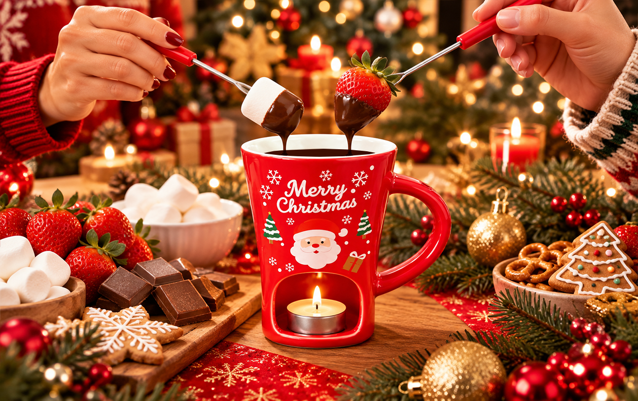 Two people sharing chocolate fondue treats at Christmas