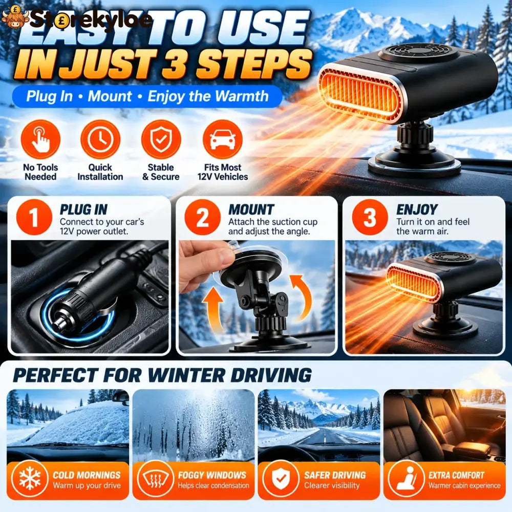 ❄️ 12V Portable Car Heater & Windshield Defogger – Adjustable Warm Air Fan