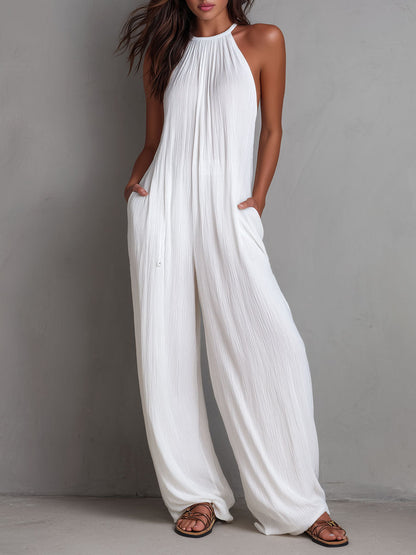 Resort White Pleated Halter Wide-Leg One-Piece Jumpsuit