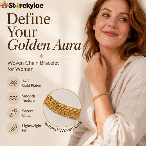 14K gold-plated wide woven mesh bracelet