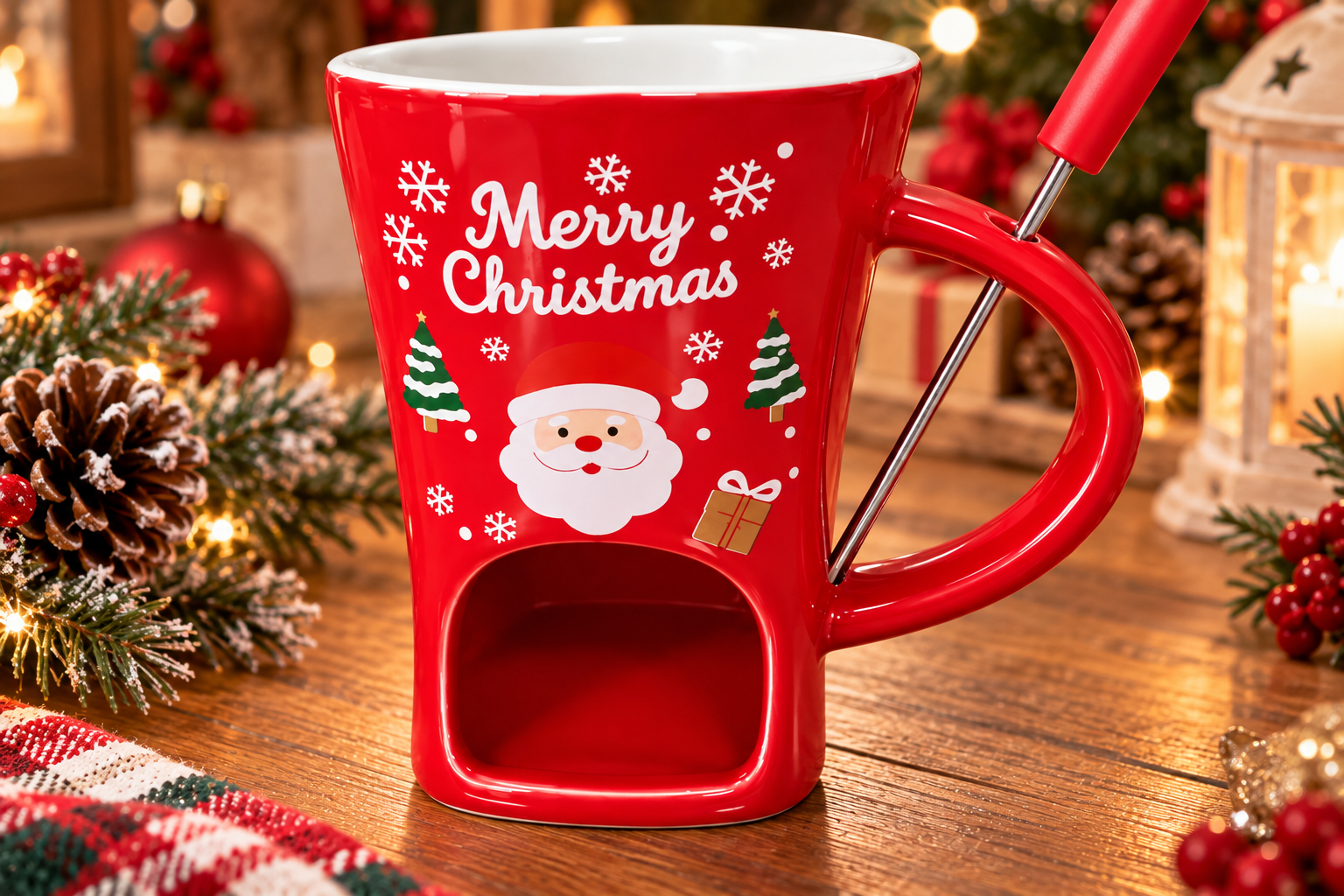 Close up of Santa Christmas chocolate fondue mug