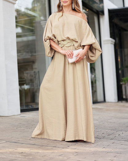 Skew Neck Lantern Sleeve Loose Top & Zipper Fly Wide Leg Pants Set Without Belt