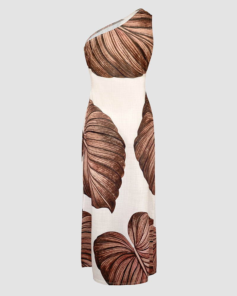 Tropical Print One Shoulder Bodycon Slit Dress Sexy Slim Fit Maxi Dress