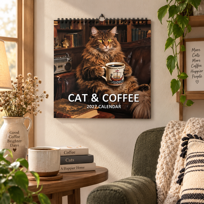 Cat & Coffee 2027 Wall Calendar – Cosy Cute Cat Drinking Coffee Art Calendar, Perfect Gift for Cat & Coffee Lovers