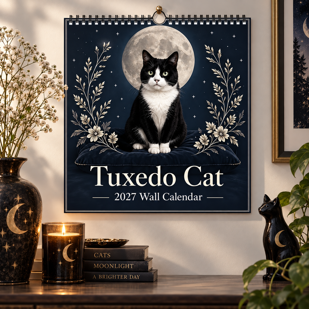 Tuxedo Cat 2027 Wall Calendar – 12‑Month Mystical Black & White Cat Art Calendar, Spiral Hanging Wall Planner for Cat Lovers & Mystical‑Theme Enthusiasts