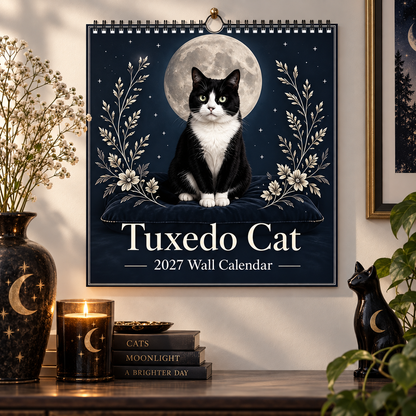 Tuxedo Cat 2027 Wall Calendar – 12‑Month Mystical Black & White Cat Art Calendar, Spiral Hanging Wall Planner for Cat Lovers & Mystical‑Theme Enthusiasts