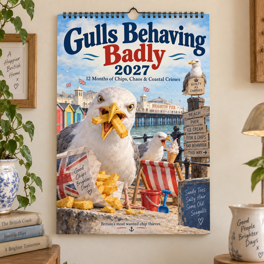 Gulls Behaving Badly 2027 Wall Calendar — Funny British Seaside Seagull Monthly Calendar, Humorous Coastal Art, Sunday‑Start Spiral Hanging Calendar, Fun Novelty Gift