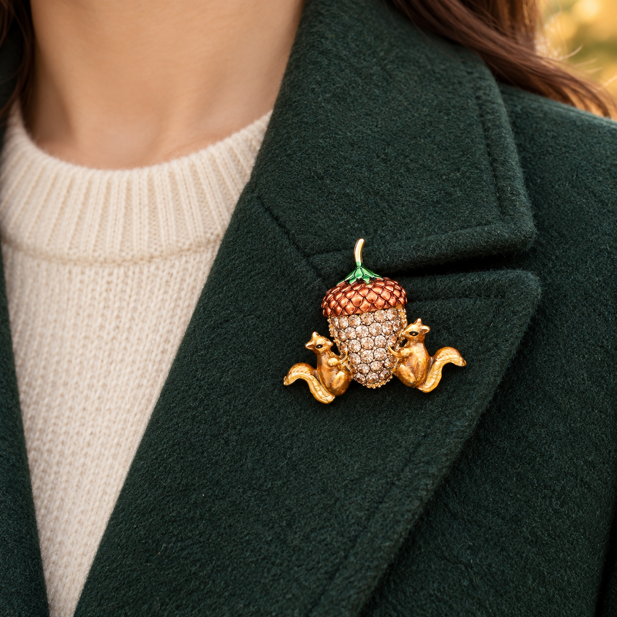 🐿️Cute Twin Squirrels & Rhinestone Acorn Brooch | Fall Season Lapel Pin
