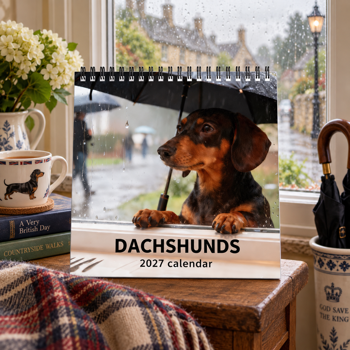 Dachshunds 2027 Wall Calendar – Rainy‑Day Sausage Dog Calendar, Cosy Melancholic British Countryside Dachshund Art for Dog Lovers
