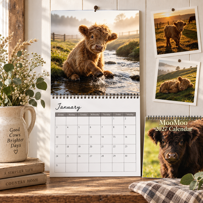 MooMoo 2027 Calendar – Cute Highland Calf Calendar, Adorable Cow & Farm Animal Wall Decor, Gift for Cow Lovers