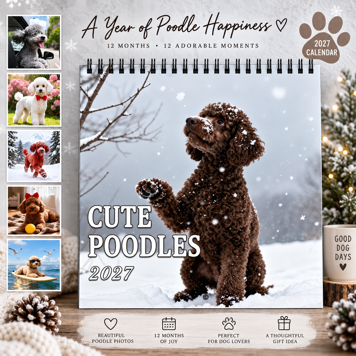 Cute Poodles 2027 Wall Calendar – 12-Month Poodle Calendar, Adorable Fluffy Dog Scenes Hanging Planner for Poodle Lovers & Dog Moms