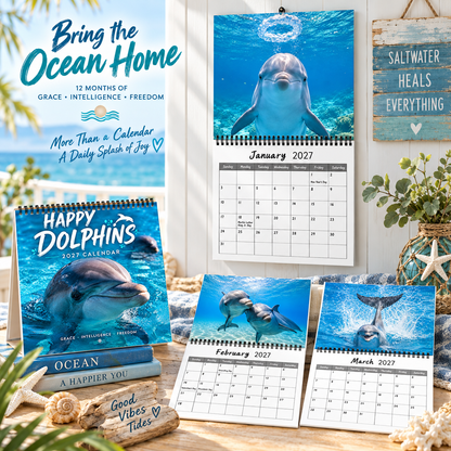 Happy Dolphins 2027 Wall Calendar, Coastal Ocean Marine Life Wall Planner, Bright Sea‑Breeze Home Decor Gift For Ocean & Dolphin Enthusiasts