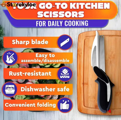 ✂️ 2 in 1 Kitchen Scissors for Food - Stainless Steel Cutting Board Scissors with Safety Lock