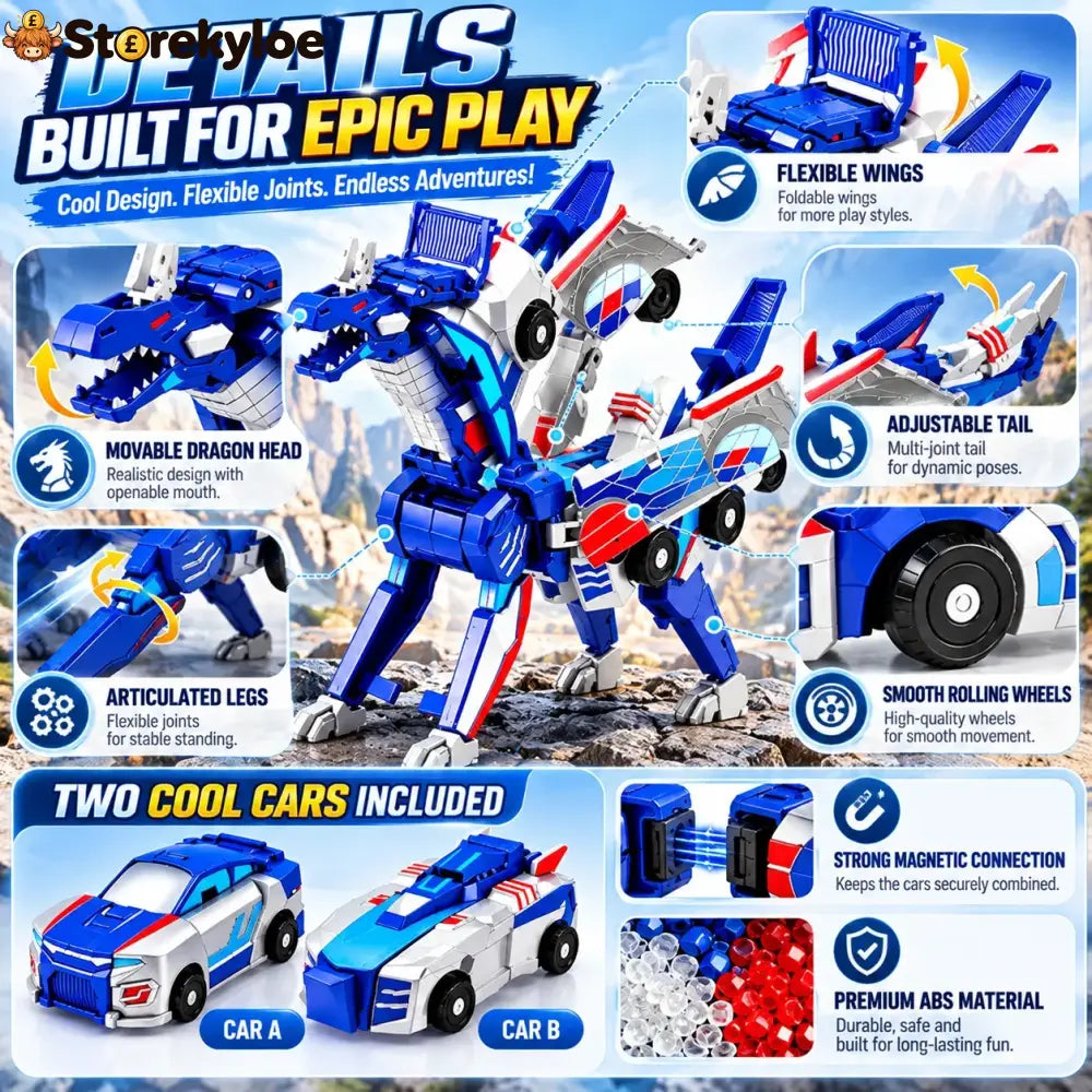 2-in-1 Magnetic Transforming Dragon Car Toy – Racing Car Set