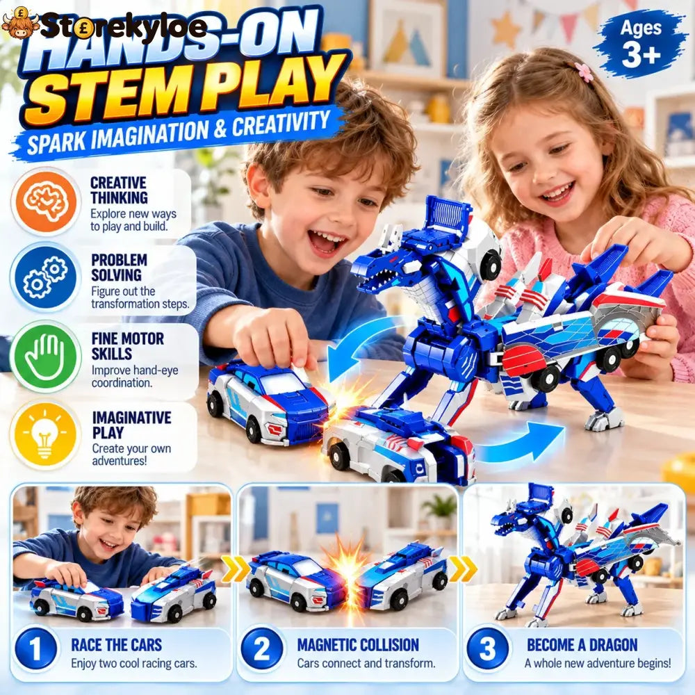 2-in-1 Magnetic Transforming Dragon Car Toy – Racing Car Set