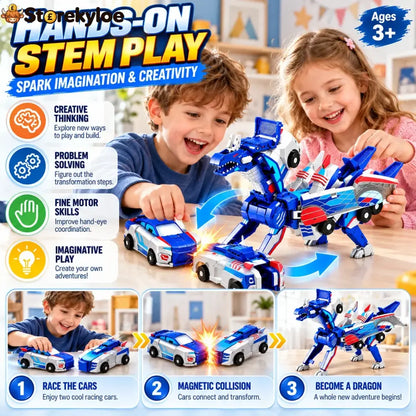 2-in-1 Magnetic Transforming Dragon Car Toy – Racing Car Set