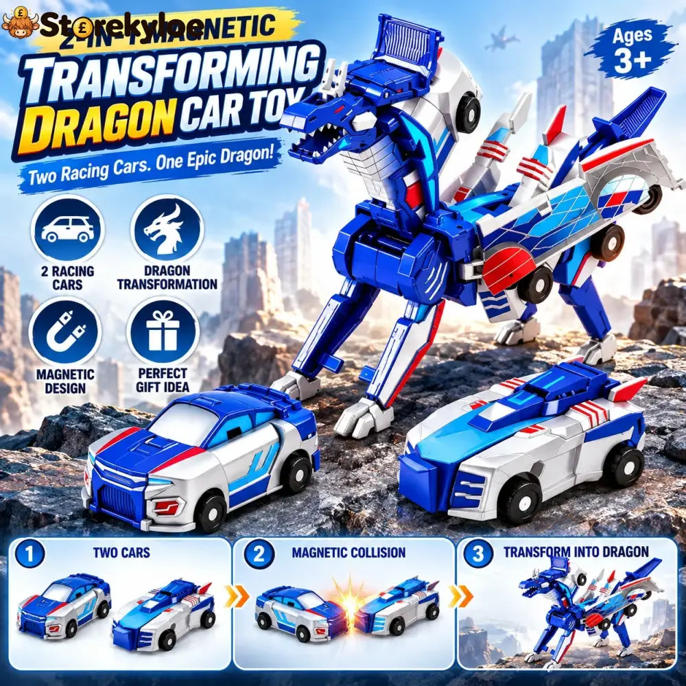 2-in-1 Magnetic Transforming Dragon Car Toy – Racing Car Set - Cyber Blue Dragon