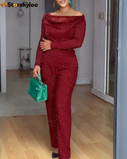2 Pieces Outfit Cowl Neck Lace Spliced Long Sleeve Top and Elastic Waist Wide Leg Pants Set Casual Glitter Set