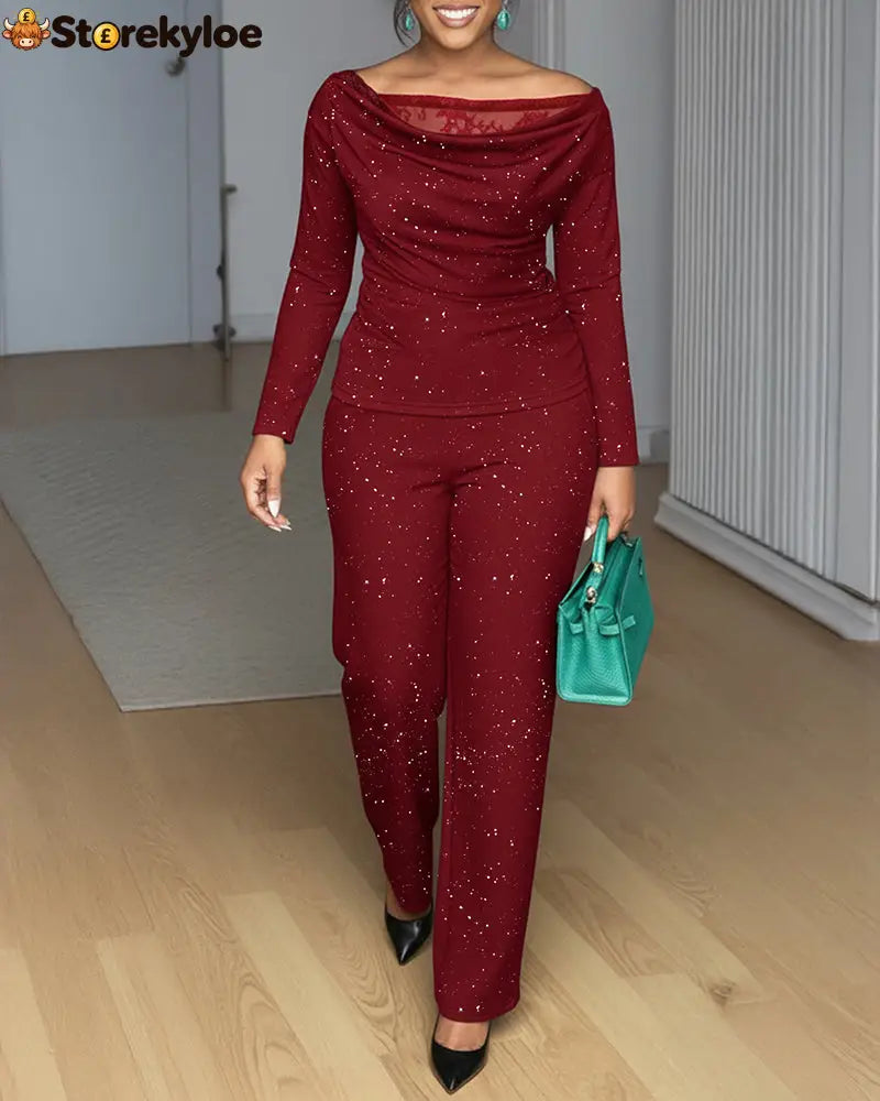 2 Pieces Outfit Cowl Neck Lace Spliced Long Sleeve Top and Elastic Waist Wide Leg Pants Set Casual Glitter Set