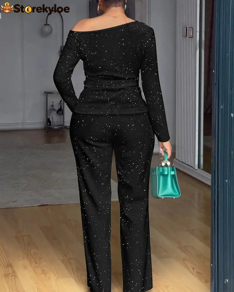 2 Pieces Outfit Cowl Neck Lace Spliced Long Sleeve Top and Elastic Waist Wide Leg Pants Set Casual Glitter Set