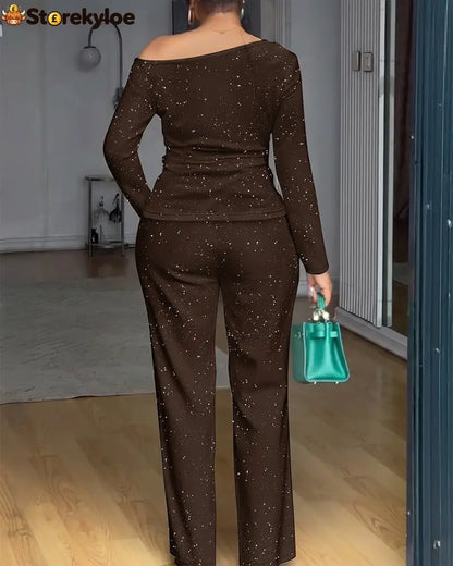 2 Pieces Outfit Cowl Neck Lace Spliced Long Sleeve Top and Elastic Waist Wide Leg Pants Set Casual Glitter Set