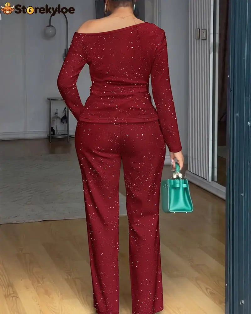 2 Pieces Outfit Cowl Neck Lace Spliced Long Sleeve Top and Elastic Waist Wide Leg Pants Set Casual Glitter Set