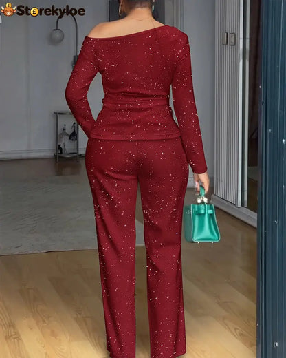 2 Pieces Outfit Cowl Neck Lace Spliced Long Sleeve Top and Elastic Waist Wide Leg Pants Set Casual Glitter Set
