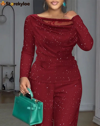 2 Pieces Outfit Cowl Neck Lace Spliced Long Sleeve Top and Elastic Waist Wide Leg Pants Set Casual Glitter Set