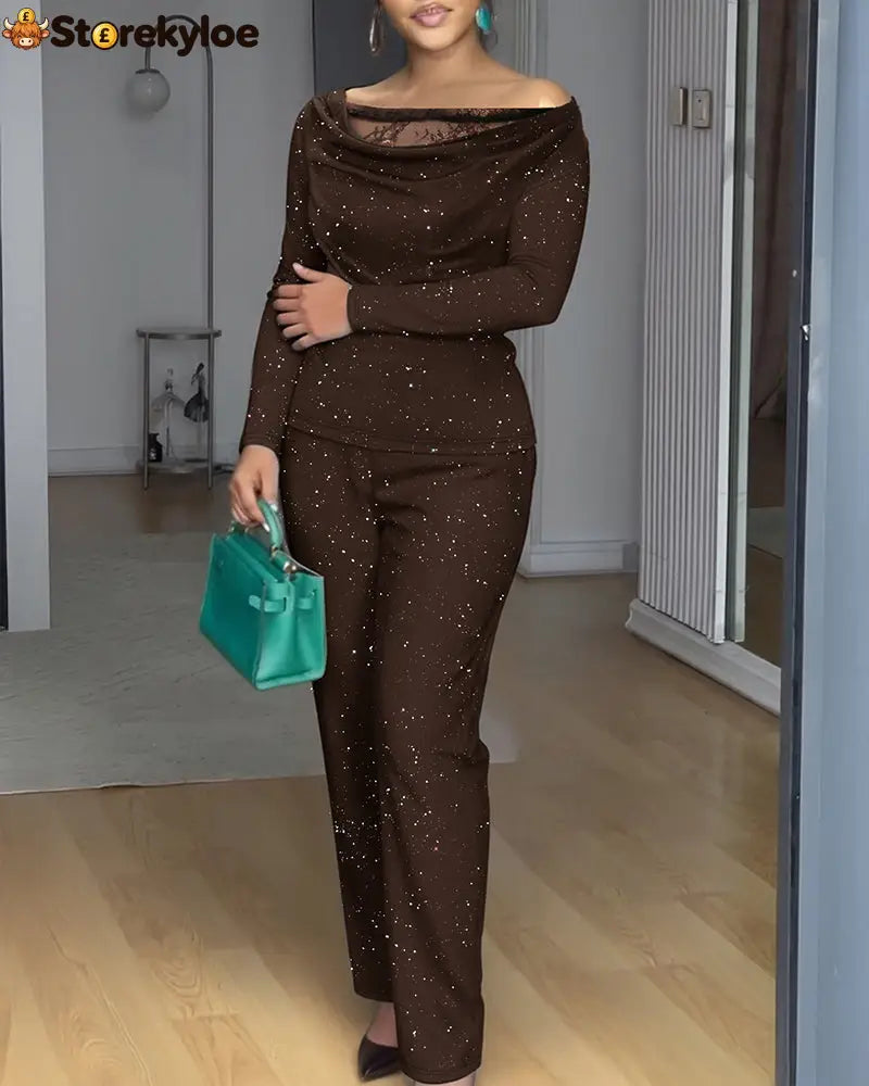 2 Pieces Outfit Cowl Neck Lace Spliced Long Sleeve Top and Elastic Waist Wide Leg Pants Set Casual Glitter Set