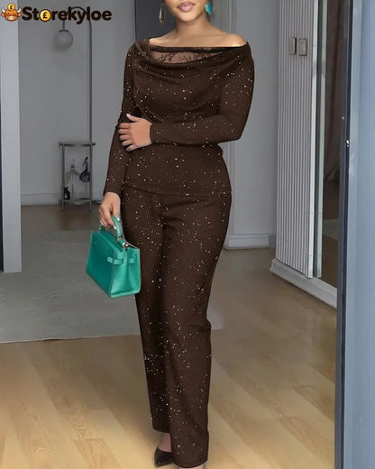 2 Pieces Outfit Cowl Neck Lace Spliced Long Sleeve Top and Elastic Waist Wide Leg Pants Set Casual Glitter Set