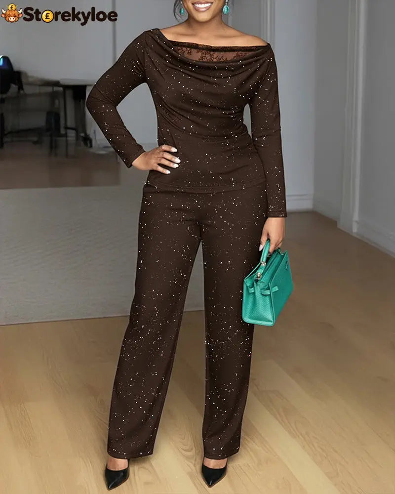 2 Pieces Outfit Cowl Neck Lace Spliced Long Sleeve Top and Elastic Waist Wide Leg Pants Set Casual Glitter Set