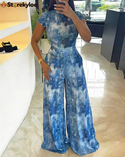 2 Pieces Outfit Mock Neck Short Sleeve Slim Fit Top and High Waist Wide Leg Pants Set Casual Tie Dye Print Sheer Mesh
