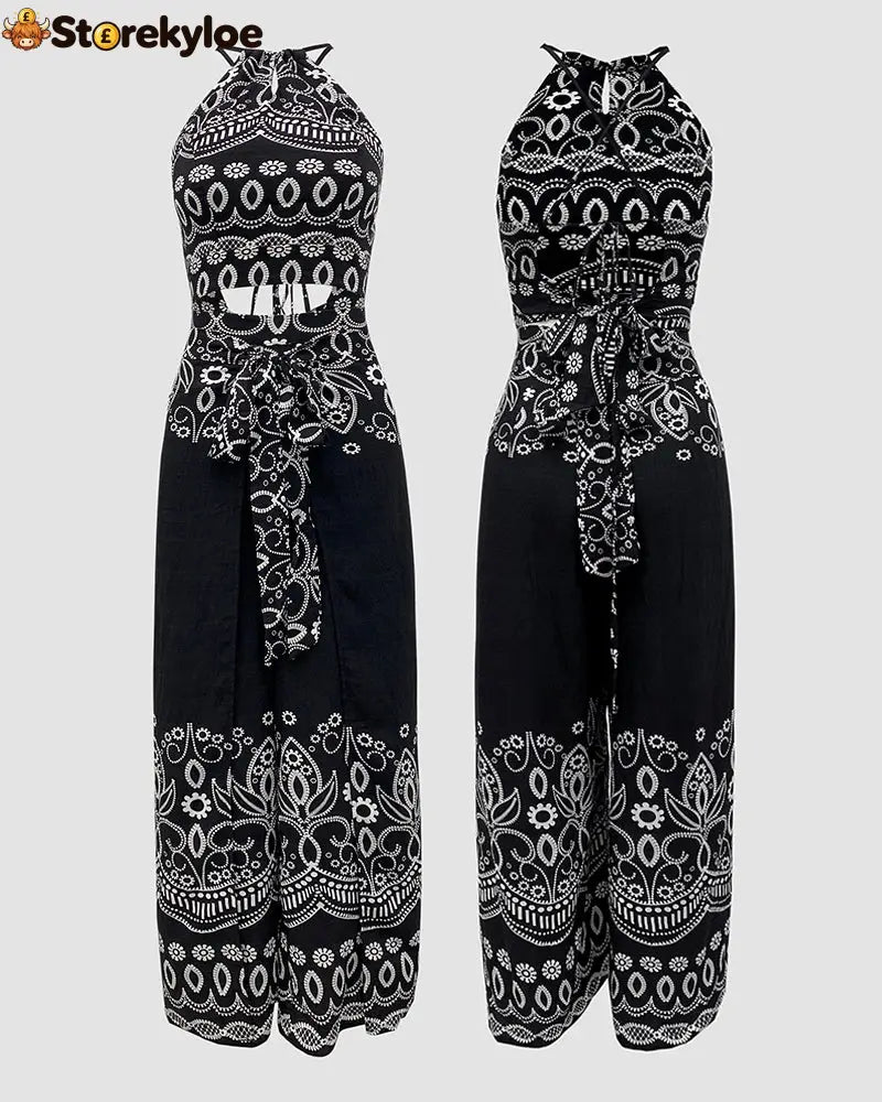 2 Pieces Outfits Tribal Print Keyhole Neck Sleeveless Top and Wide Leg Tied Detail Slit Pants Sets