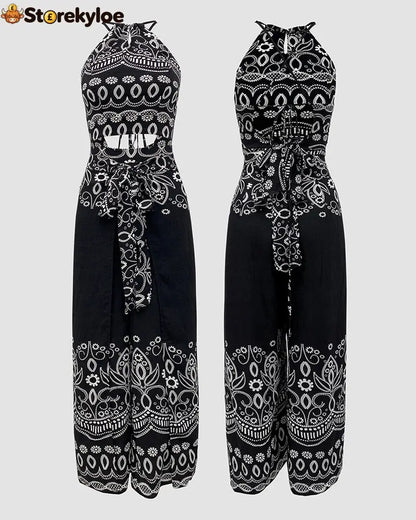 2 Pieces Outfits Tribal Print Keyhole Neck Sleeveless Top and Wide Leg Tied Detail Slit Pants Sets