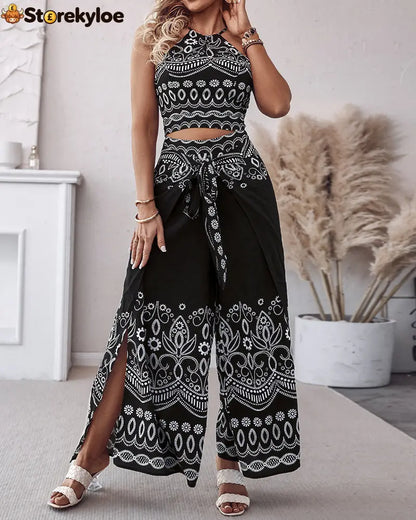 2 Pieces Outfits Tribal Print Keyhole Neck Sleeveless Top and Wide Leg Tied Detail Slit Pants Sets