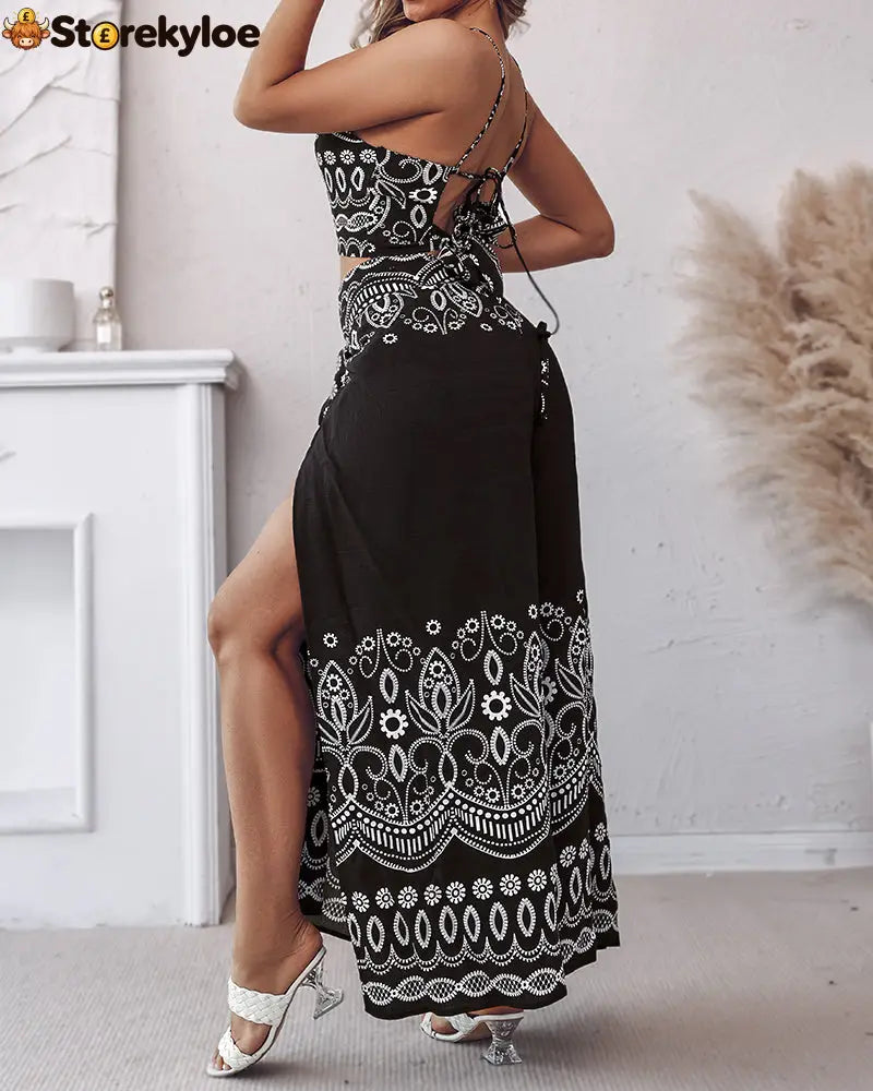 2 Pieces Outfits Tribal Print Keyhole Neck Sleeveless Top and Wide Leg Tied Detail Slit Pants Sets