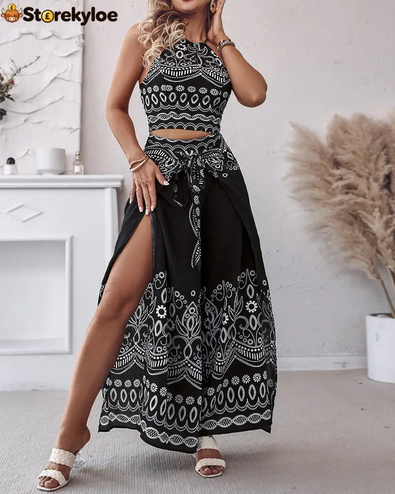 2 Pieces Outfits Tribal Print Keyhole Neck Sleeveless Top and Wide Leg Tied Detail Slit Pants Sets